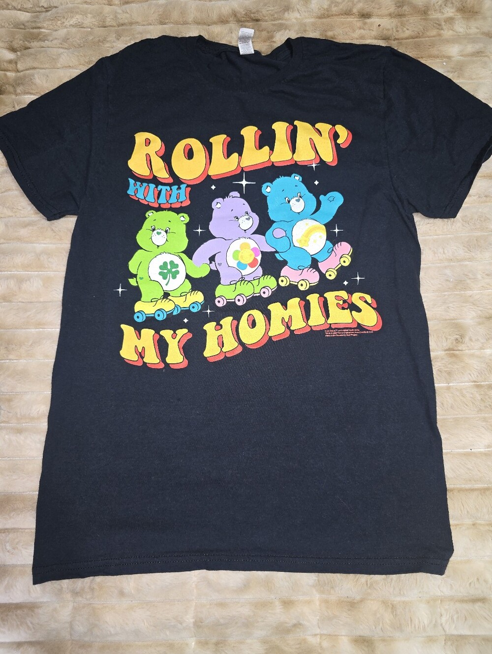 Fruit of the Loom Black Tee with Colorful Care Bears Roller Skate Graphic